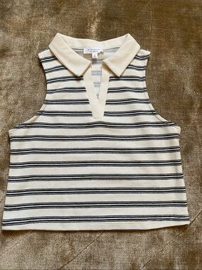 Knit Sleeveless Polo Tank in Cream with Black Stripes